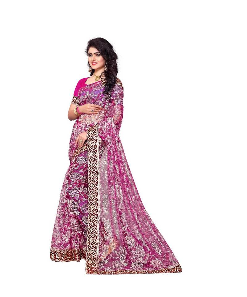 Women's Embroidered Fashion Net Saree  With Blouse Piece