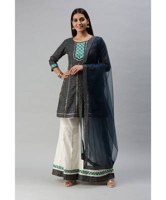 Women Teal Bandhani Printed Panelled Gotta Patti Kurta with with Kali Palazzo & With Dupatta 1