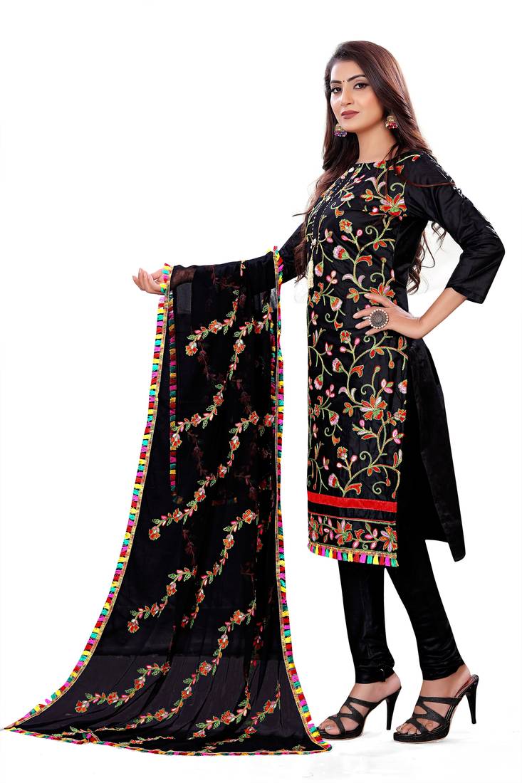 Black Cotton Embriodered Unstiched Dress Materials With Bottom And Embridoered Dupatta.