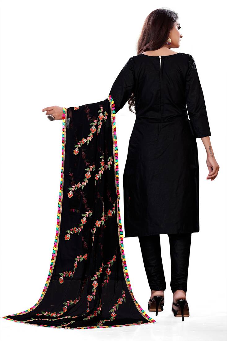 Black Cotton Embriodered Unstiched Dress Materials With Bottom And Embridoered Dupatta.