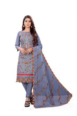 Grey Cotton Embriodered Unstiched Dress materials and Bottom and Embriodered Blouse piece. 1