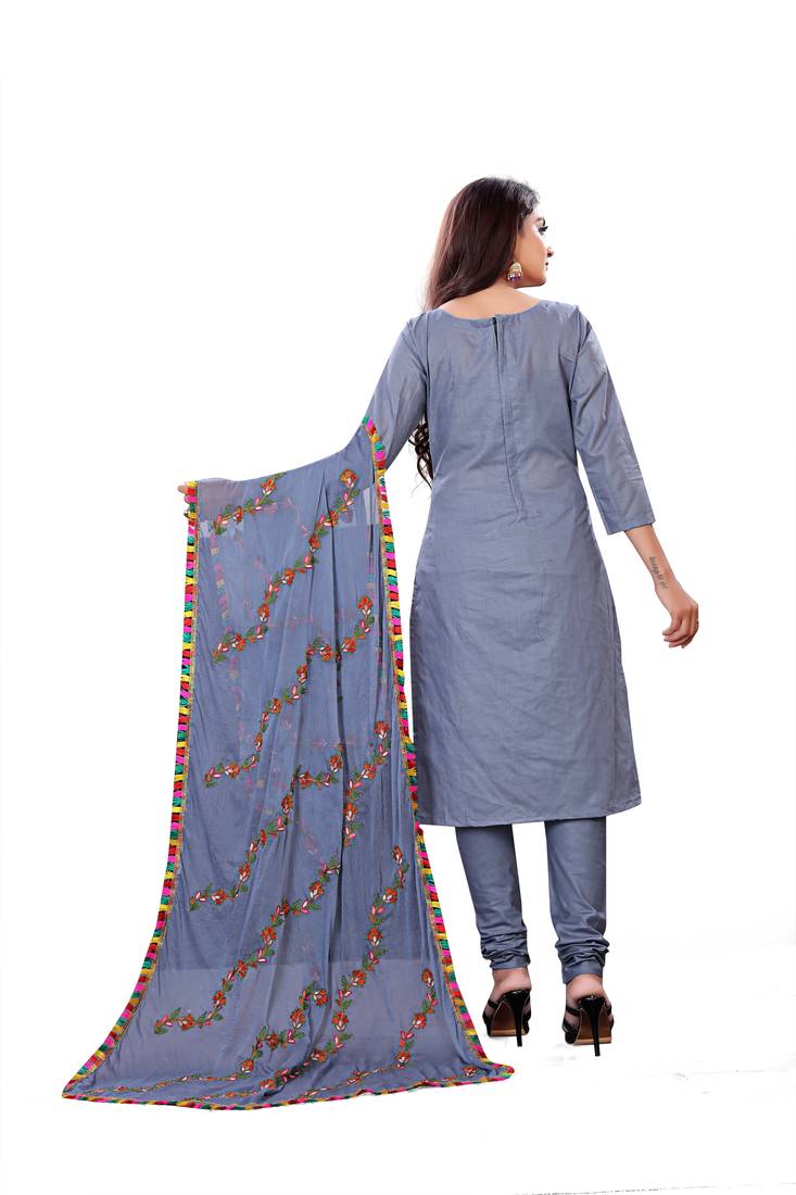 Grey Cotton Embriodered Unstiched Dress materials and Bottom and Embriodered Blouse piece.