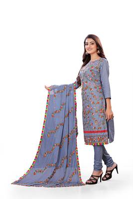 Grey Cotton Embriodered Unstiched Dress materials and Bottom and Embriodered Blouse piece. 3
