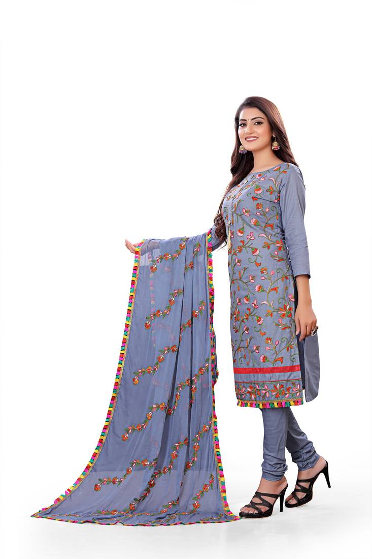 Grey Cotton Embriodered Unstiched Dress materials and Bottom and Embriodered Blouse piece.