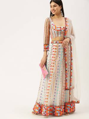White & Multicoloured Embellished Sequinned Semi-Stitched Lehenga & Unstitched Blouse With 1