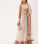 White & Multicoloured Embellished Sequinned Semi-Stitched Lehenga & Unstitched Blouse With