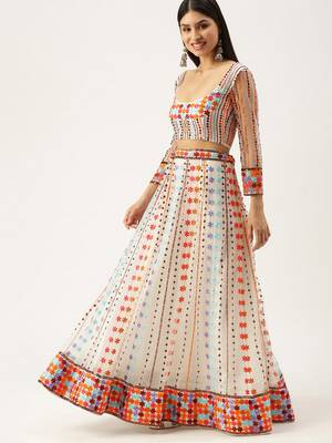 White & Multicoloured Embellished Sequinned Semi-Stitched Lehenga & Unstitched Blouse With 2