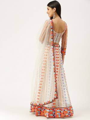 White & Multicoloured Embellished Sequinned Semi-Stitched Lehenga & Unstitched Blouse With 3
