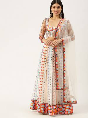 White & Multicoloured Embellished Sequinned Semi-Stitched Lehenga & Unstitched Blouse With 6