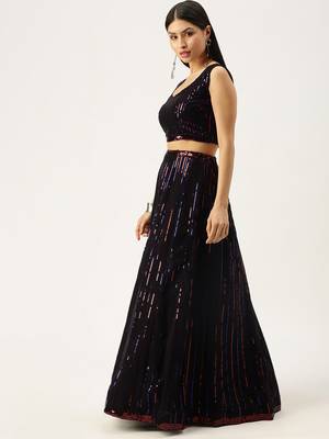 Black Embellished Sequinned Semi-Stitched Lehenga & Unstitched Blouse With Dupatta 2