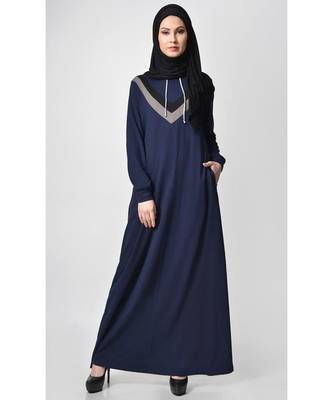 Women's Contrast stripes Jersey Hooded Navy Abaya dress for Travel 1