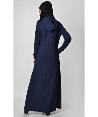 Women's Contrast stripes Jersey Hooded Navy Abaya dress for Travel 3