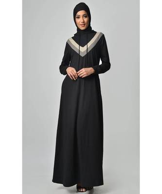 Women's Contrast stripes Jersey Hooded black Abaya dress for Travel 1