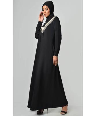 Women's Contrast stripes Jersey Hooded black Abaya dress for Travel 2