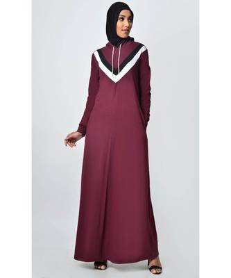 Women's Contrast stripes Jersey Hooded Burgundy Abaya dress for Travel 1