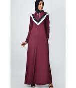 Women's Contrast stripes Jersey Hooded Burgundy Abaya dress for Travel