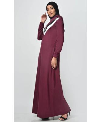 Women's Contrast stripes Jersey Hooded Burgundy Abaya dress for Travel 2