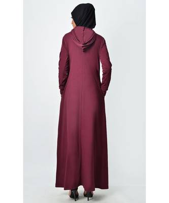 Women's Contrast stripes Jersey Hooded Burgundy Abaya dress for Travel 3