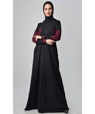 Women's Color block jersey Hooded Black Abaya for Travel 1