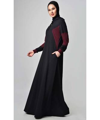 Women's Color block jersey Hooded Black Abaya for Travel 2
