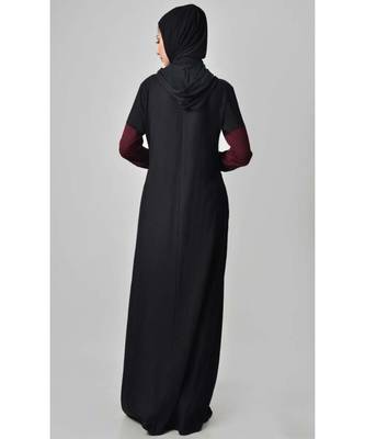 Women's Color block jersey Hooded Black Abaya for Travel 3