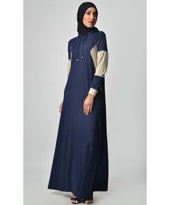 Women's Color block jersey Hooded Navy Abaya for Travel 1