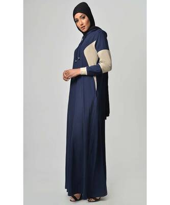 Women's Color block jersey Hooded Navy Abaya for Travel 2