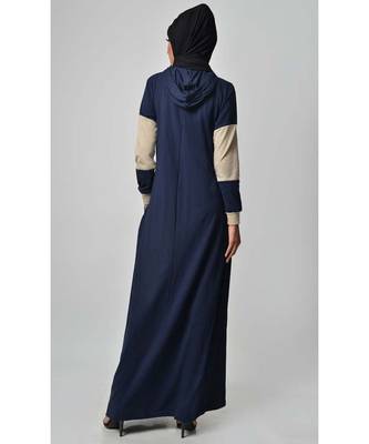 Women's Color block jersey Hooded Navy Abaya for Travel 3