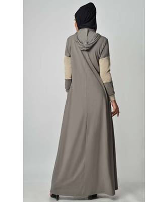 Women's Color block jersey Hooded Grey Abaya for Travel 3
