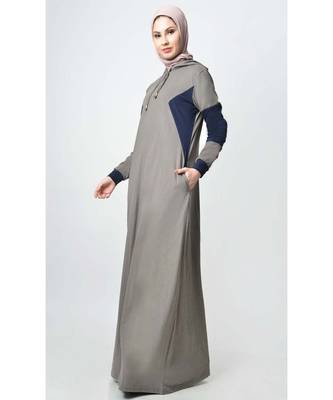 Women's Contrast block jersey Hooded Grey Abaya for Travel 2