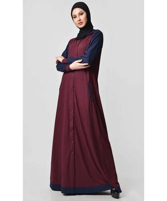 Women's Contrast color front open Hooded Jersey Abaya for Travel Burgundy 1