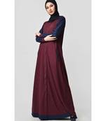 Women's Contrast color front open Hooded Jersey Abaya for Travel Burgundy