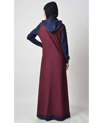 Women's Contrast color front open Hooded Jersey Abaya for Travel Burgundy 2