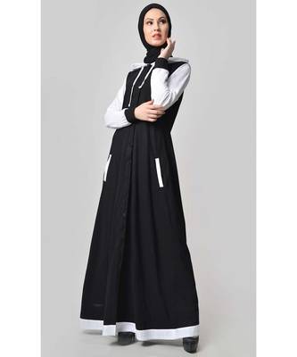 Women's Contrast color front open Hooded Jersey Abaya for Travel Black 1