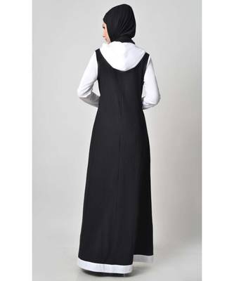 Women's Contrast color front open Hooded Jersey Abaya for Travel Black 2