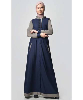 Women's Contrast color front open Hooded Jersey Abaya for Travel Navy 1