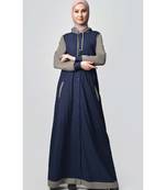 Women's Contrast color front open Hooded Jersey Abaya for Travel Navy