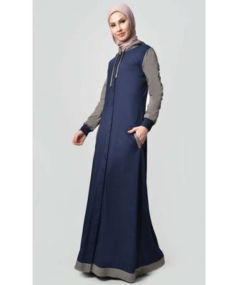 Women's Contrast color front open Hooded Jersey Abaya for Travel Navy 2
