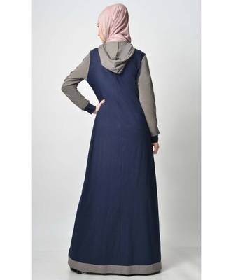 Women's Contrast color front open Hooded Jersey Abaya for Travel Navy 3