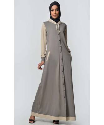 Women's Contrast color front open Hooded Jersey Abaya for Travel Grey 1