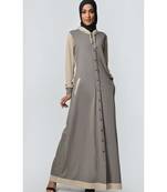 Women's Contrast color front open Hooded Jersey Abaya for Travel Grey