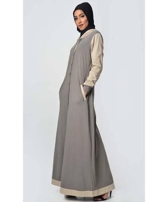Women's Contrast color front open Hooded Jersey Abaya for Travel Grey 2