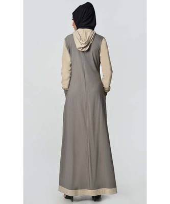 Women's Contrast color front open Hooded Jersey Abaya for Travel Grey 3