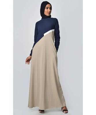 Women's Contrast colorblocked Sand Jersey Abaya dress for Travel Navy and Sand 1