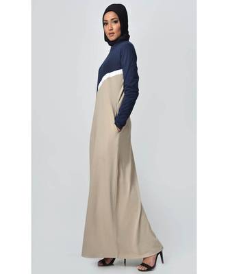 Women's Contrast colorblocked Sand Jersey Abaya dress for Travel Navy and Sand 2