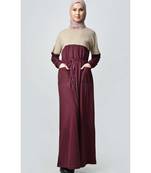 Women's Contrast colorblocked Sand Jersey Abaya dress for Travel Maroon and Sand