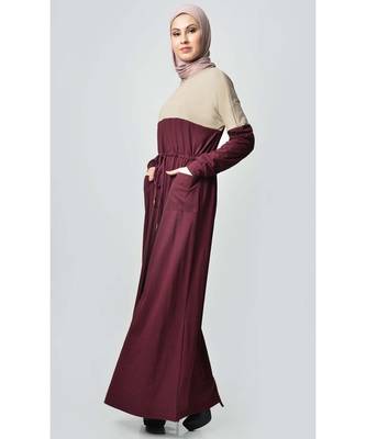 Women's Contrast colorblocked Sand Jersey Abaya dress for Travel Maroon and Sand 2
