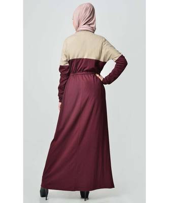Women's Contrast colorblocked Sand Jersey Abaya dress for Travel Maroon and Sand 3