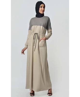 Women's Contrast colorblocked Sand Jersey Abaya dress for Travel Grey and Sand 1