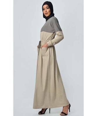 Women's Contrast colorblocked Sand Jersey Abaya dress for Travel Grey and Sand 2